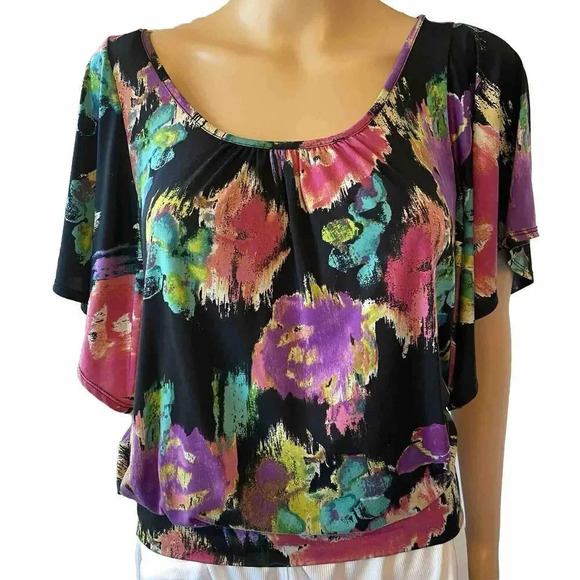 Heart Soul Artsy Abstract Floral Beach Summer Vacation Casual Top Blouse Women S - Picture 1 of 7